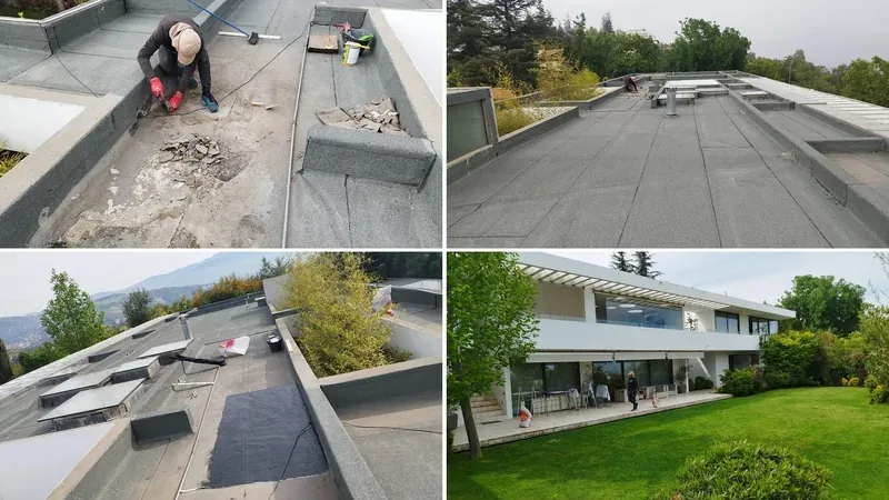 Collage fotográfico de impermeabilización con membrana asfáltica en Las Condes.